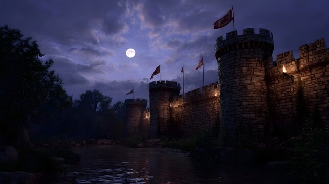 Moonlit medieval castle with flags and torches beside a dark river