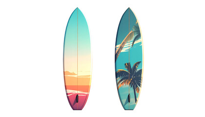 Collection of Two Colorful Surfboard Designs Standing Upright isolated on transparent background