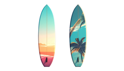 Collection of Two Colorful Surfboard Designs Standing Upright isolated on transparent background