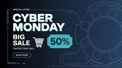 Fototapeta premium Cyber monday big sale with 50 discount on limited time only, shop now with special offer and promotion, vector illustration for online shopping event