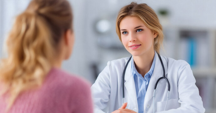 Empathetic female doctor kindly listening to patient concerns in modern medical office