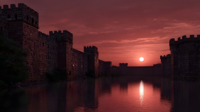 Majestic medieval castle with a moat beneath a dramatic crimson sunset sky and water reflections