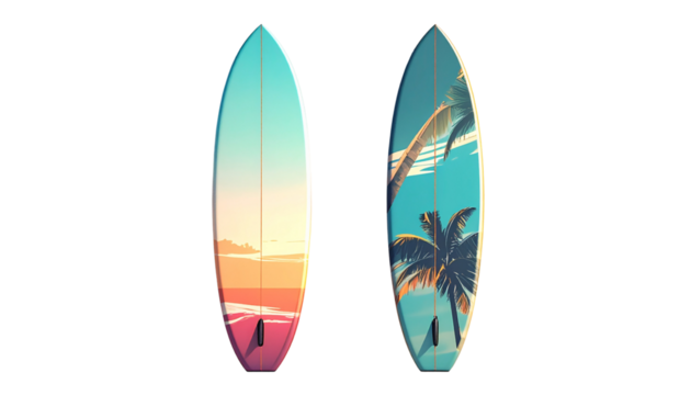 Collection of Two Colorful Surfboard Designs Standing Upright isolated on transparent background