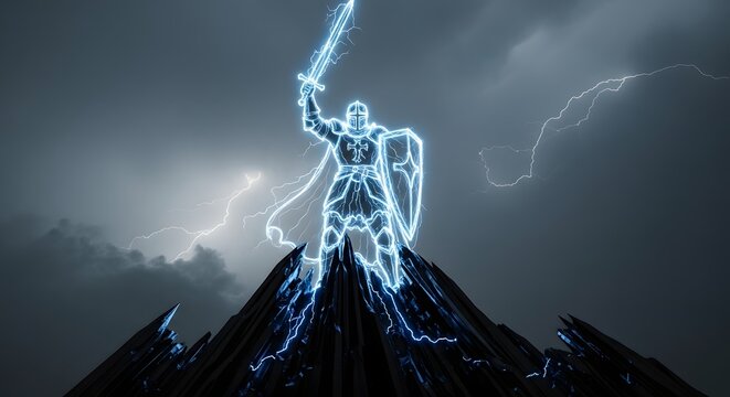 Glowing Neon Knight on Mountain Peak with Sword and Shield, Lightning Storm