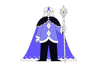 Ice queen in elegant purple cape with crystal staff and diamond embellishments standing majestically, isolated on a transparent background. Illustration.
