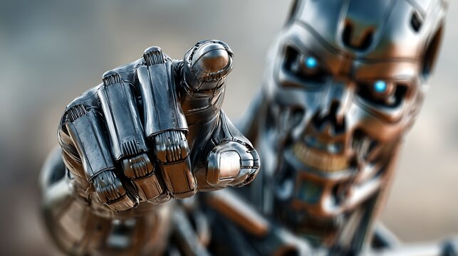 Futuristic humanoid robotic figure pointing with a metallic hand showcasing advanced technology and innovation - Powered by Adobe