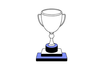 Silver trophy cup with dual handles on tiered black and blue base platform, isolated on a transparent background. Illustration.