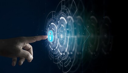 Businessman's touch screen lock with the most advanced security system to access high-tech systems. cyber security data protection business privacy concept. data privacy