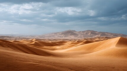 Naklejka premium Dramatic desert landscape with rolling sand dunes under a cloudy stormy sky