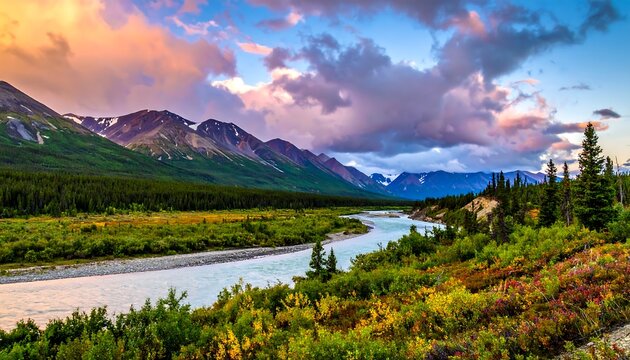 Scenic vista featuring a flowing river meandering through a lush valley, flanked by mountains. A colorful sunset graces the sky