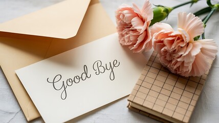 A handwritten good bye note with pink carnations and a small notebook