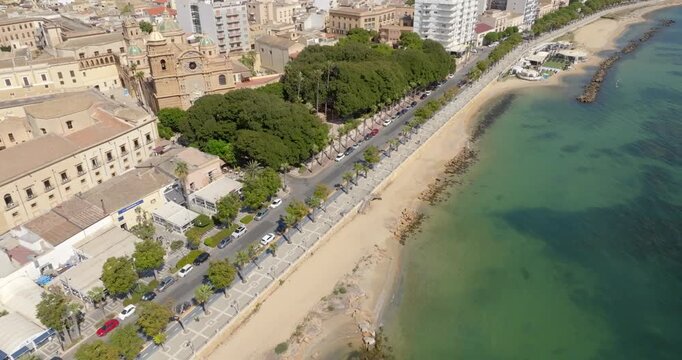 Aerial view of the Basilica Minore del Santissimo Salvatore, located on the seafront of Mazara del Vallo, in the province of Trapani, Sicily, Italy. It is the city's main Catholic place of worship.