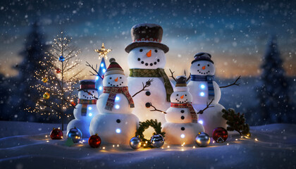 Obraz premium Snowman family illuminated by festive lights