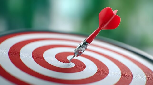 A sharp red dart with precise aim strikes the exact bullseye of a concentric red and white dartboard representing ultimate achievement and focus