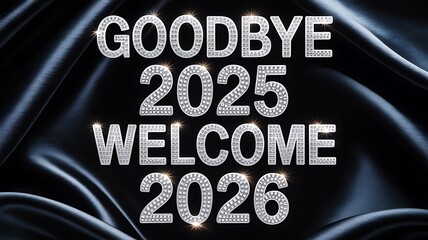 Goodbye 2025 welcome 2026 text made of diamonds on black silk background