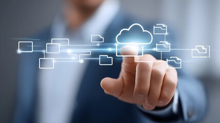 Obraz premium A hand pointing at a glowing digital interface showcasing cloud computing data flow and network connectivity for modern business ope ns