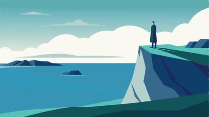Man in suit with briefcase standing on a cliff overlooking the ocean, Embracing new horizons, future prospects, and career success