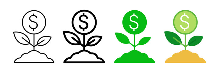 Set of minimalist money plant icons with transparent background, depicting financial growth, investment, savings, and profit concepts, vector illustration