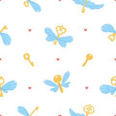 Seamless Pattern of Flying Winged Golden Keys and Hearts – Magical, Cute, Fairy Tale Background