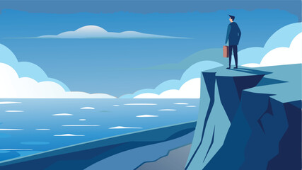 Man in suit with briefcase standing on a cliff overlooking the ocean, Embracing new horizons, future prospects, and career success