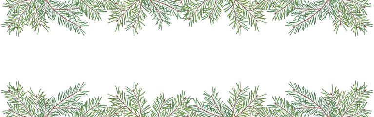 Watercolor border with pine branches isolated on white background. Natural conifer greenery frame for Christmas design, invitations, winter cards, and holiday decoration projects.