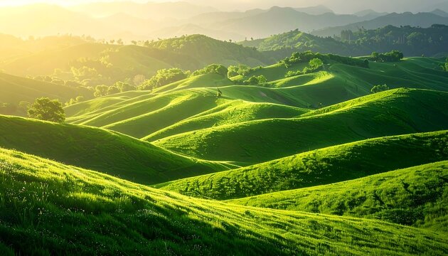 Rolling green hills bathed in warm sunlight, creating a peaceful landscape. A few trees dot the scene, evoking a sense of serenity