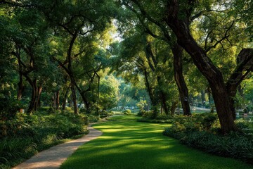 Obraz premium A Path to Tranquility: A sun-dappled path winds its way through a verdant forest. Sunlight filtering through the leaves illuminates the lush green grass.