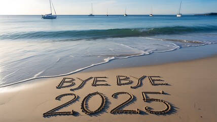 Bye bye 2025 written in the sand on a beach with sailboats in the ocean