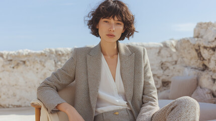Business portrait of a young woman in a grey suit on a stone background — calm executive style, fashion and corporate image.