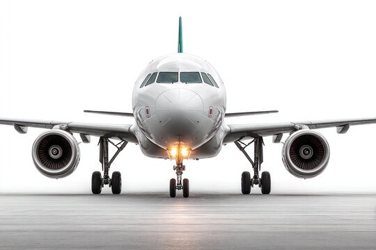 Airborne Arrival: A pristine commercial airplane is captured front-on, poised on the ground ready for travel, emphasizing its sleek design. 