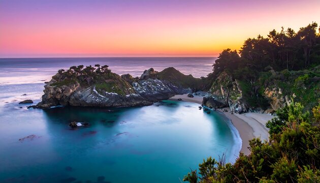 Scenic coastal landscape at twilight. Calm turquoise water meets a sandy beach, framed by lush trees and rocky formations under a colorful sky