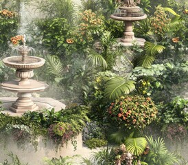 Lush Tropical Garden with Elegant Fountains Surrounded by Vibrant Greenery and Colorful Flowers in a Serene Landscape Setting
