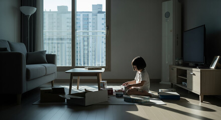 Lonely Child Playing Alone in Apartment Living Room