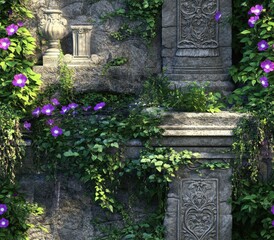 Overgrown Ancient Stone Fountain Surrounded by Vibrant Purple Flowers and Lush Greenery in a Serene Natural Setting