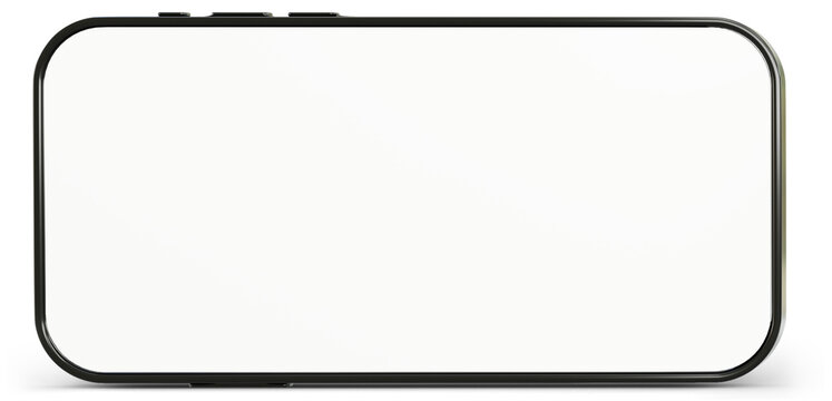 3D Horizontal smartphone mockup with white screen. Black mobile phone isolated on white background. Landscape phone. 3d png illustration