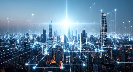 Fototapeta premium Futuristic City Skyline At Dusk With Neon Network Lines And Glowing Digital Nodes