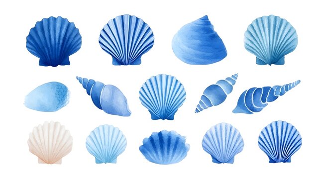 ic watercolor depiction showcasing multiple seashell types primarily in blue hues with varying textures and patterns alongside one pale pink shell offering a vibrant and natural seaside theme