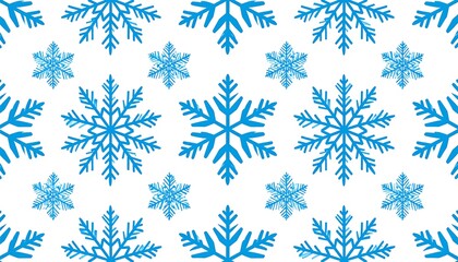 Seamless pattern featuring repeating blue snowflakes on a crisp white background. Designs vary in size with detailed icy formations