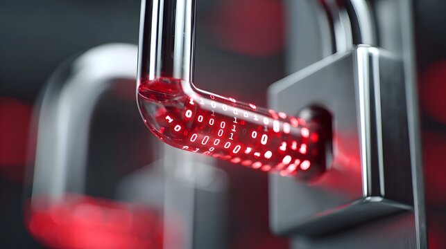 The image depicts a conceptual representation of digital security with a transparent padlock shackle containing illuminated red binary code implying secure data access and encryption