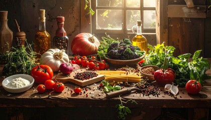 Rustic kitchen scene, vegetables and herbs adorn a wooden table. Window light bathes the composition of fresh ingredients