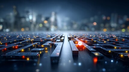 Futuristic Digital Maze with Glowing Paths and City Skyline at Dusk in Focused Perspective