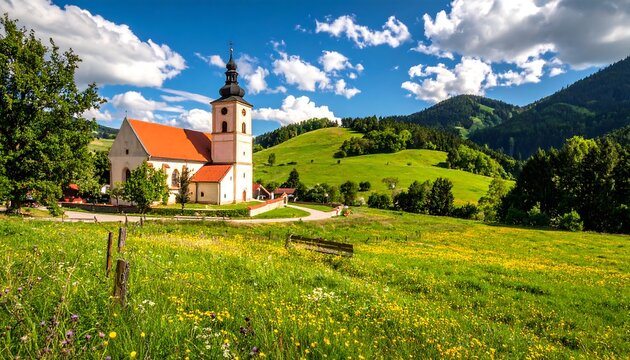 Scenic rural shot showcases a historic church with a steeple and red roof amidst rolling hills and vibrant green fields under a blue, cloudy sky