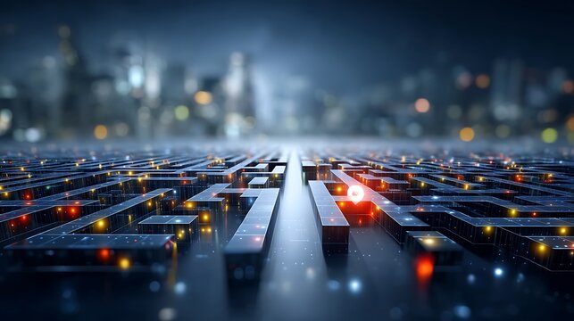 Futuristic Digital Maze with Glowing Paths and City Skyline at Dusk in Focused Perspective