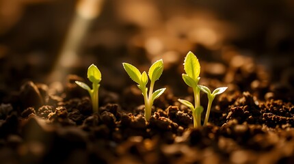 Three small seedlings emerge from the dark soil, bathed in warm sunlight, symbolizing new beginnings and growth