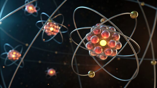A vibrant, digital representation of atomic structures, showcasing particles and orbits, illustrating fundamental concepts of chemistry and physics.
