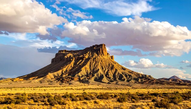 Scenic desert vista featuring a large mesa with layered rock formations. Fluffy white clouds drift across a blue sky. Sunlight casts shadows