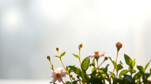 Closeup of delicate pink daisy flowers with buds and green leaves against a bright, soft background