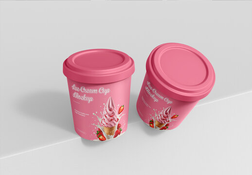 Pink Strawberry Ice Cream Cup Packaging Mockup PSD