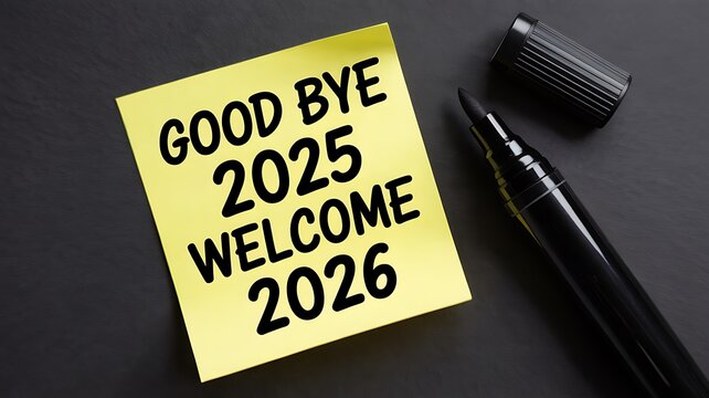 Goodbye 2025, welcome 2026 written on a yellow sticky note with marker