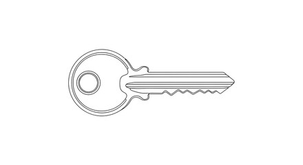 Simple outline drawing of a common metal key, serving as a basic black and white icon for security and access. (19 words)
